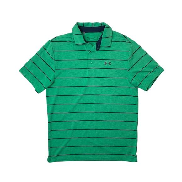 Under Armour Polo Shirt Mens M Medium Kiwi Green Heatgear Loose Fit Striped Golf - Picture 1 of 12